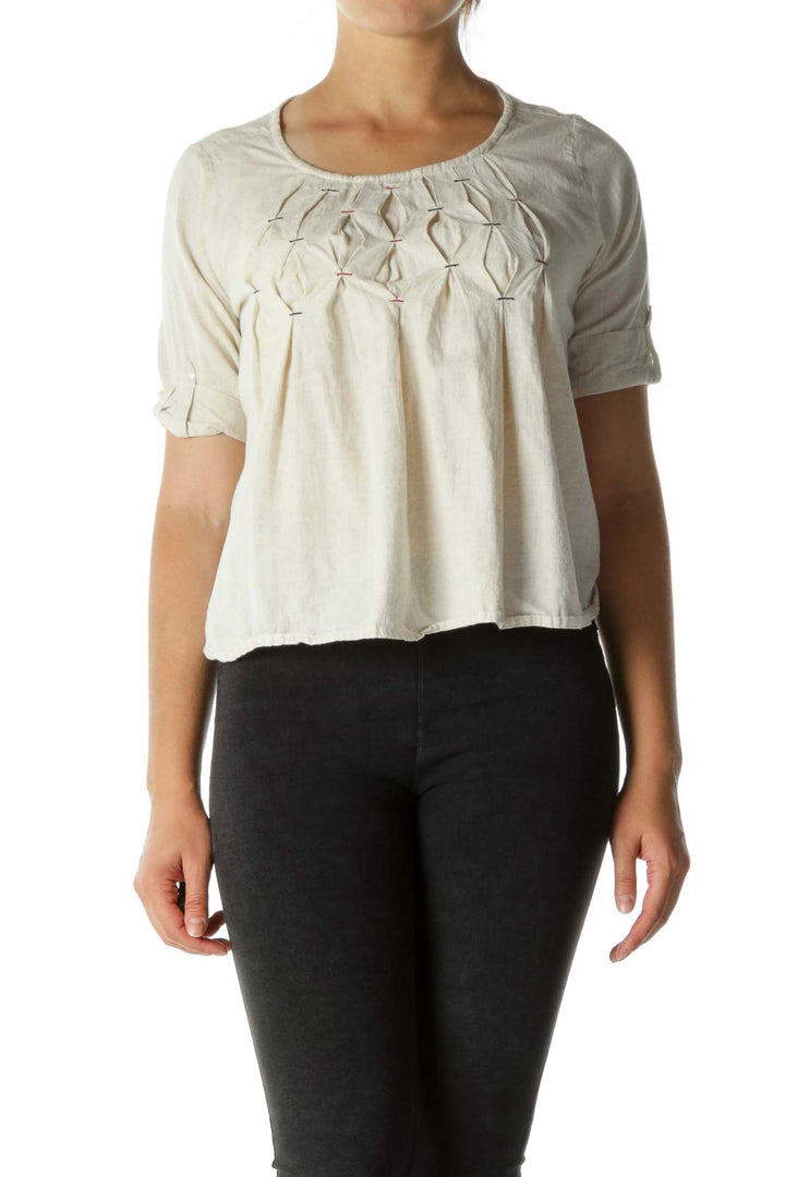 Beige Roll-Up Sleeves Pleated Blouse