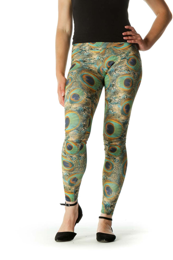 Green Blue Orange Peacock Feathers Print Active Pants