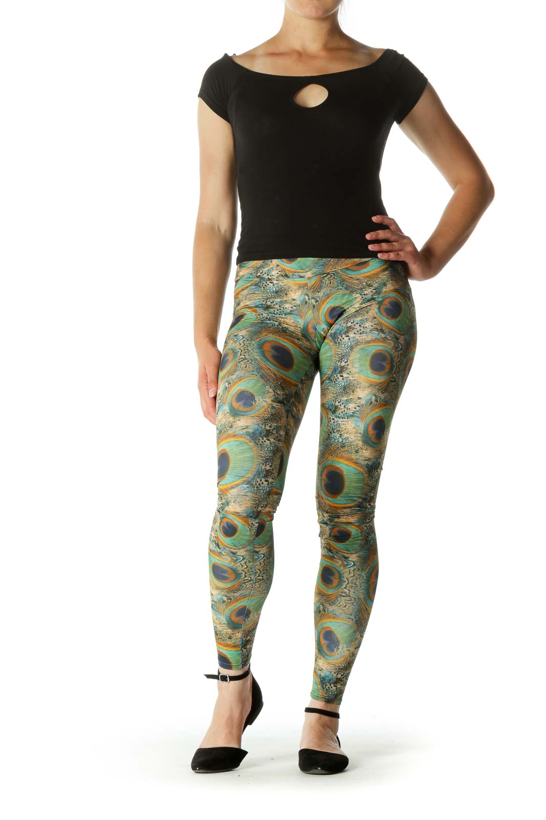 Green Blue Orange Peacock Feathers Print Active Pants