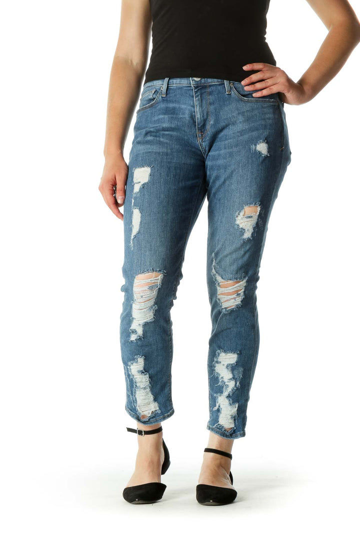 Blue Medium-Wash Distressed Stretch Jeans (Short)