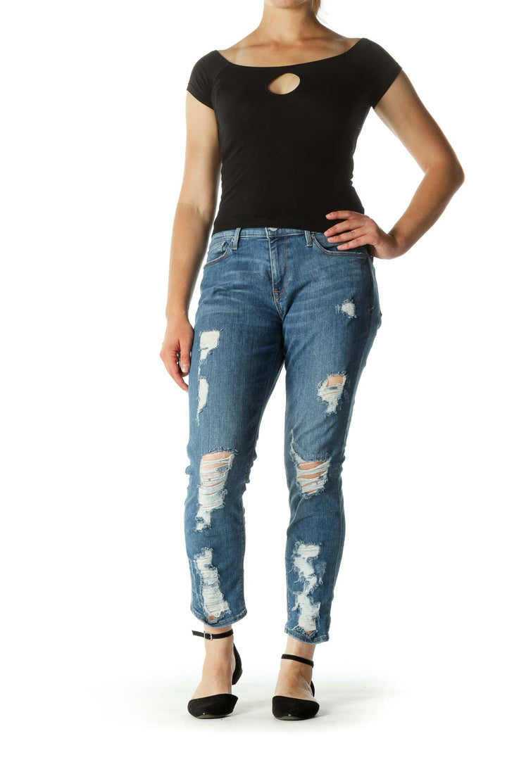 Blue Medium-Wash Distressed Stretch Jeans (Short)