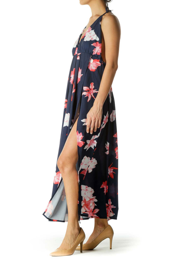 Blue And Pink Floral Halter Maxi Dress