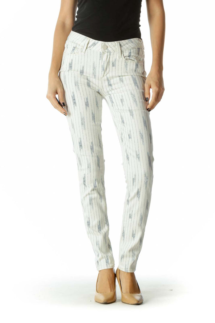 White & Navy Pocketed Patterned Skinny Pants