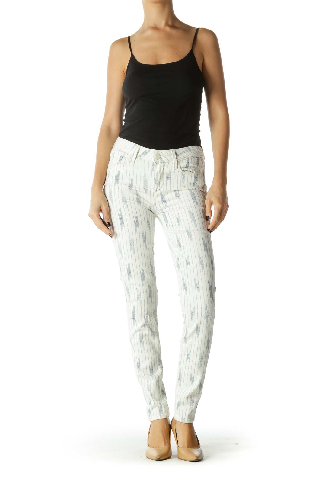 White & Navy Pocketed Patterned Skinny Pants