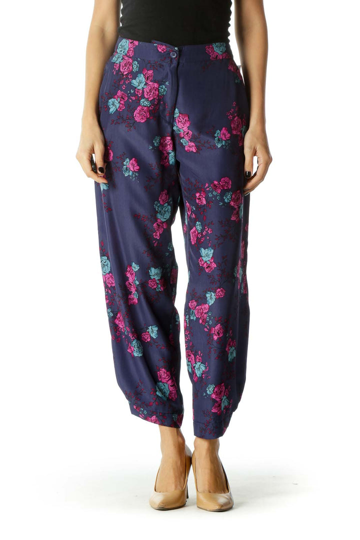 Navy Pocketed Floral Print Tapered Pants