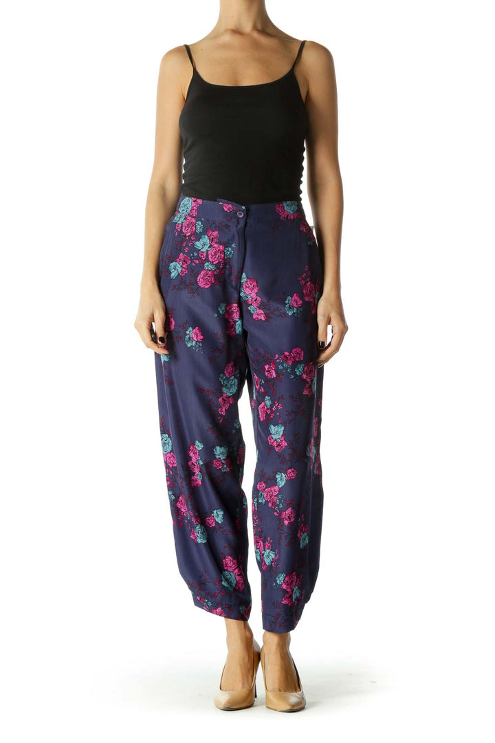 Navy Pocketed Floral Print Tapered Pants