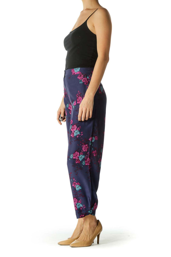 Navy Pocketed Floral Print Tapered Pants