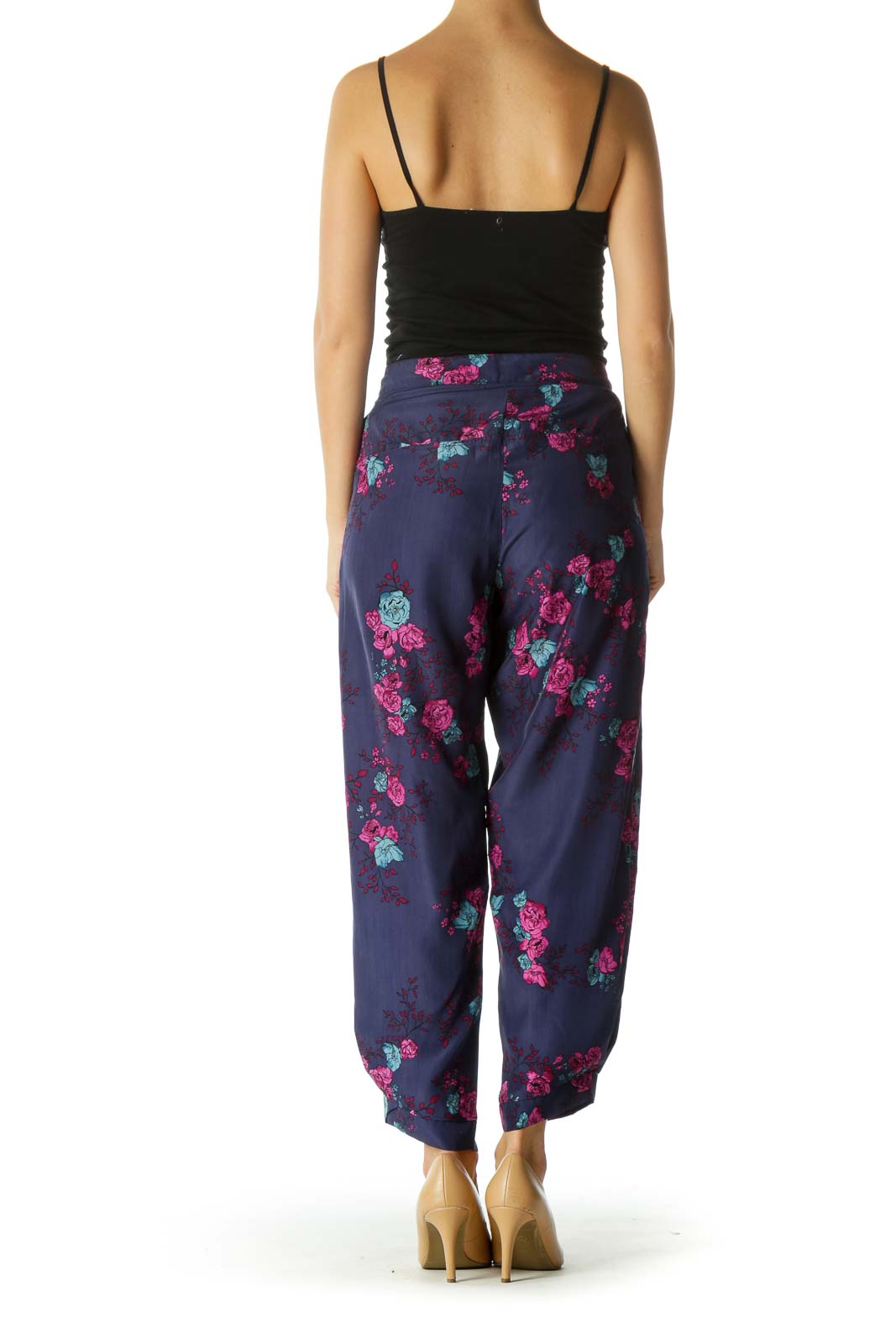 Navy Pocketed Floral Print Tapered Pants