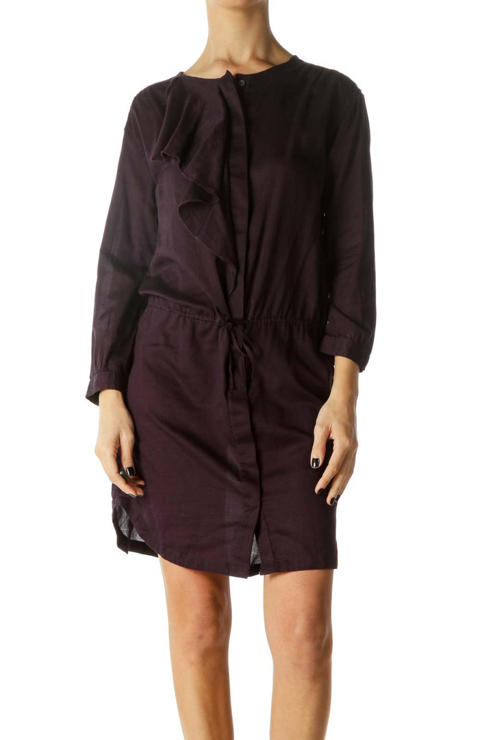 Purple Ruffled Button-Down Drawstring Dress