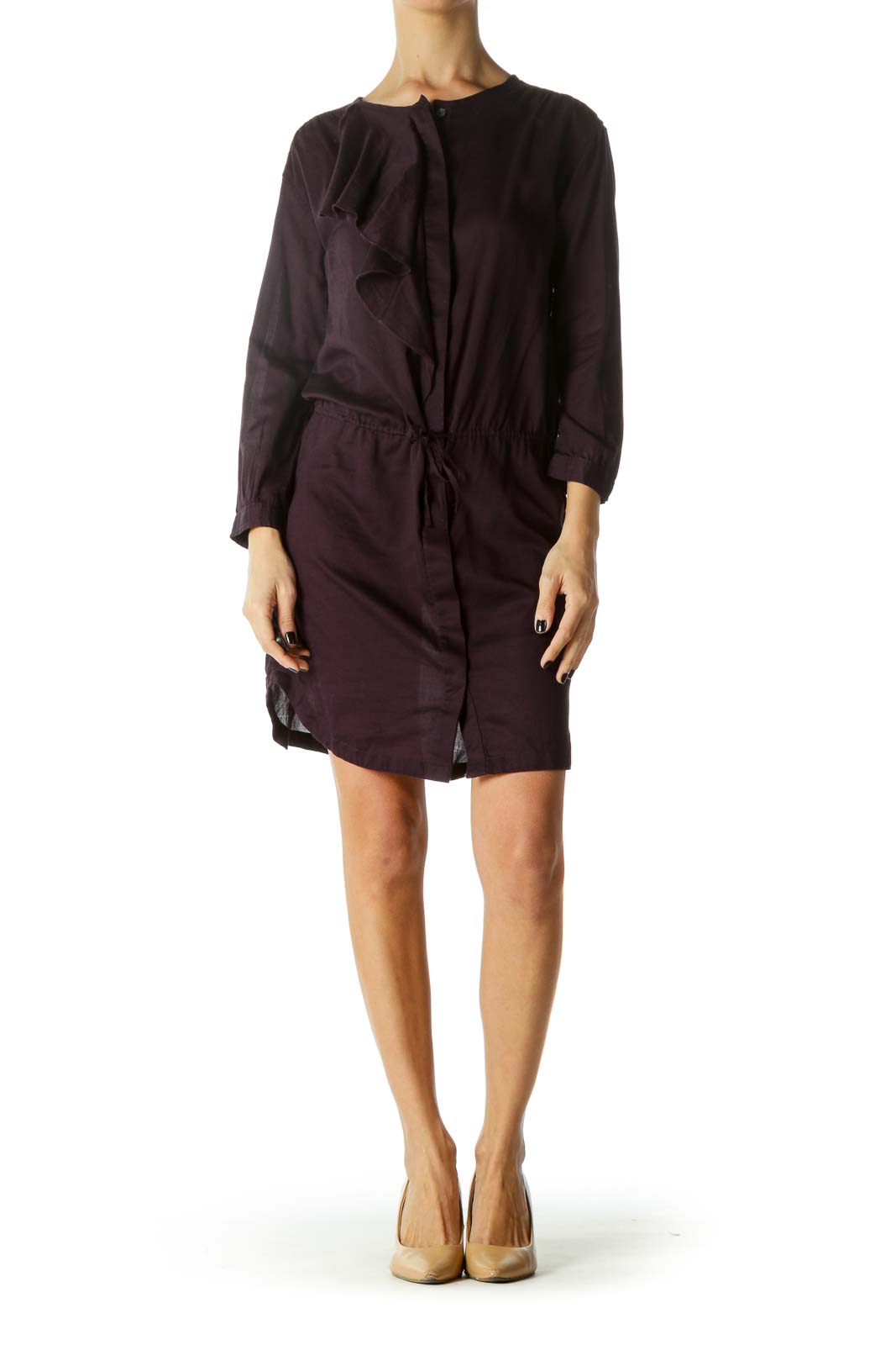 Purple Ruffled Button-Down Drawstring Dress