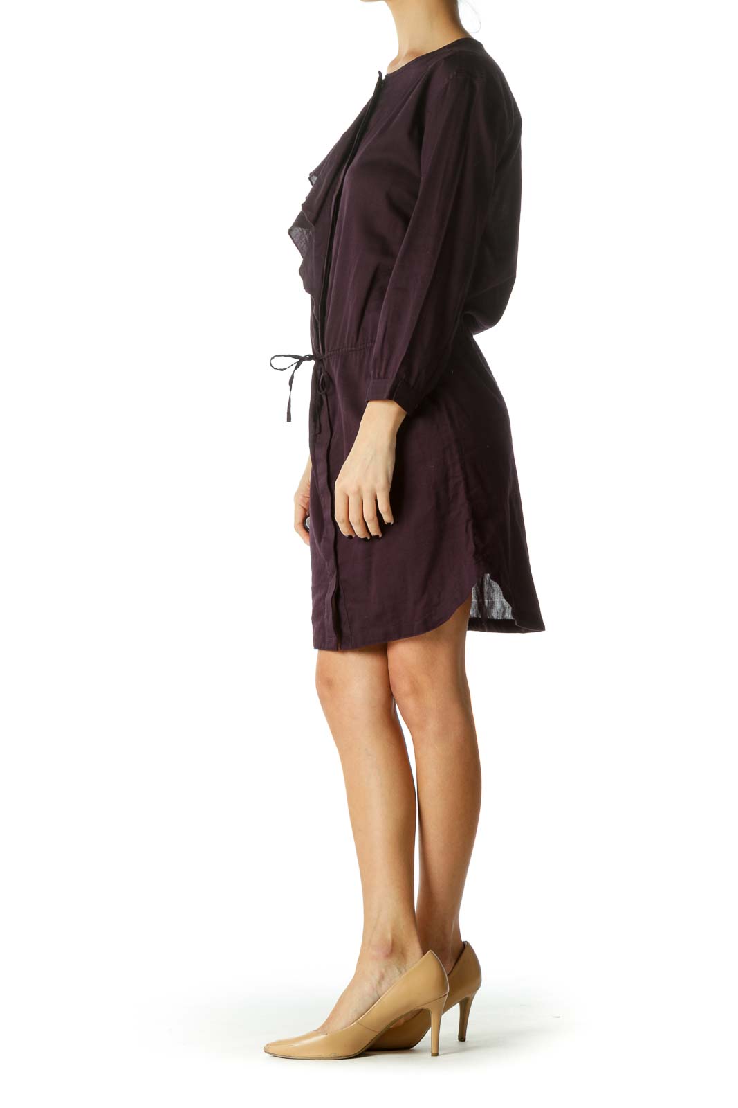 Purple Ruffled Button-Down Drawstring Dress