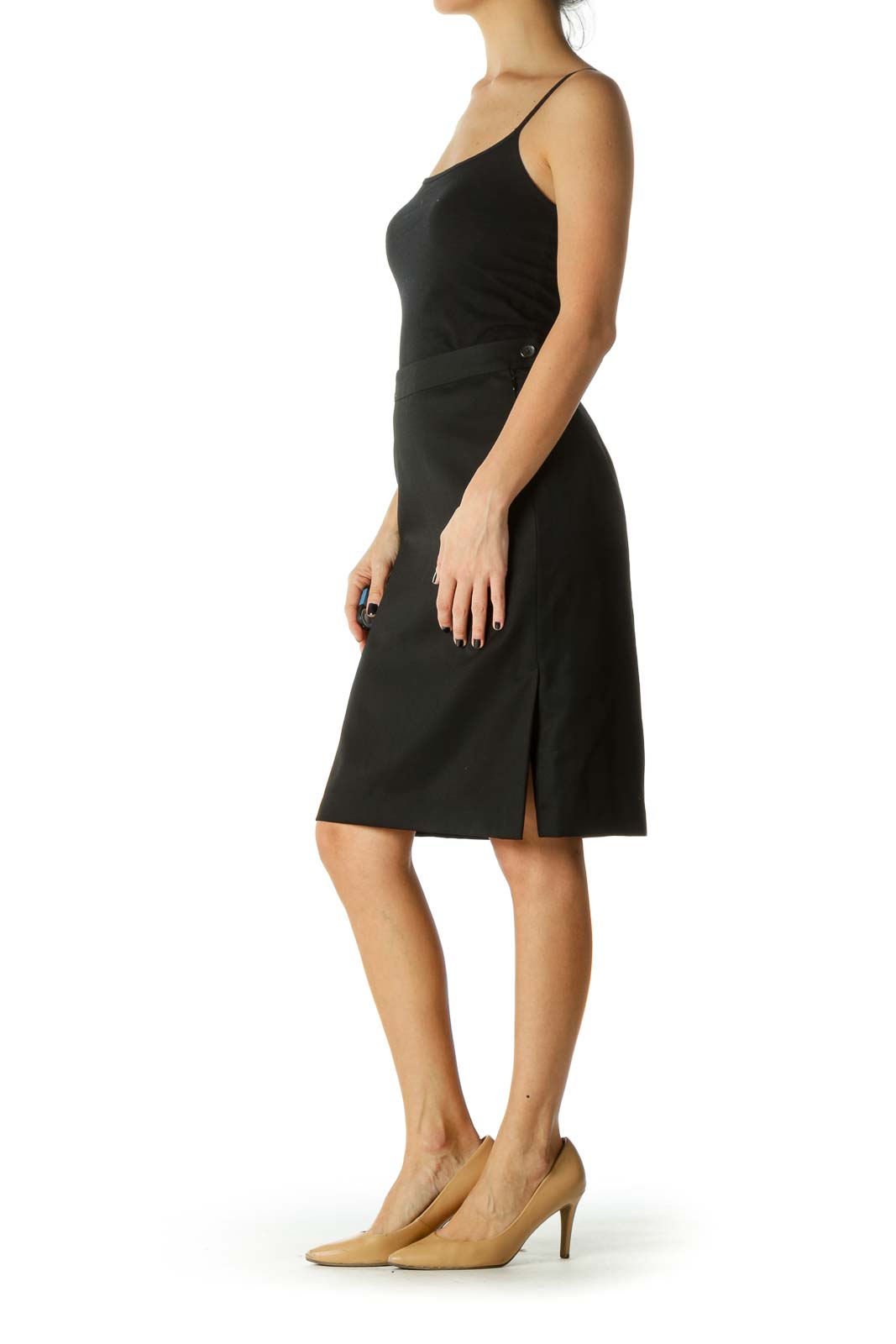 Black Buttoned Slitted Pencil Skirt