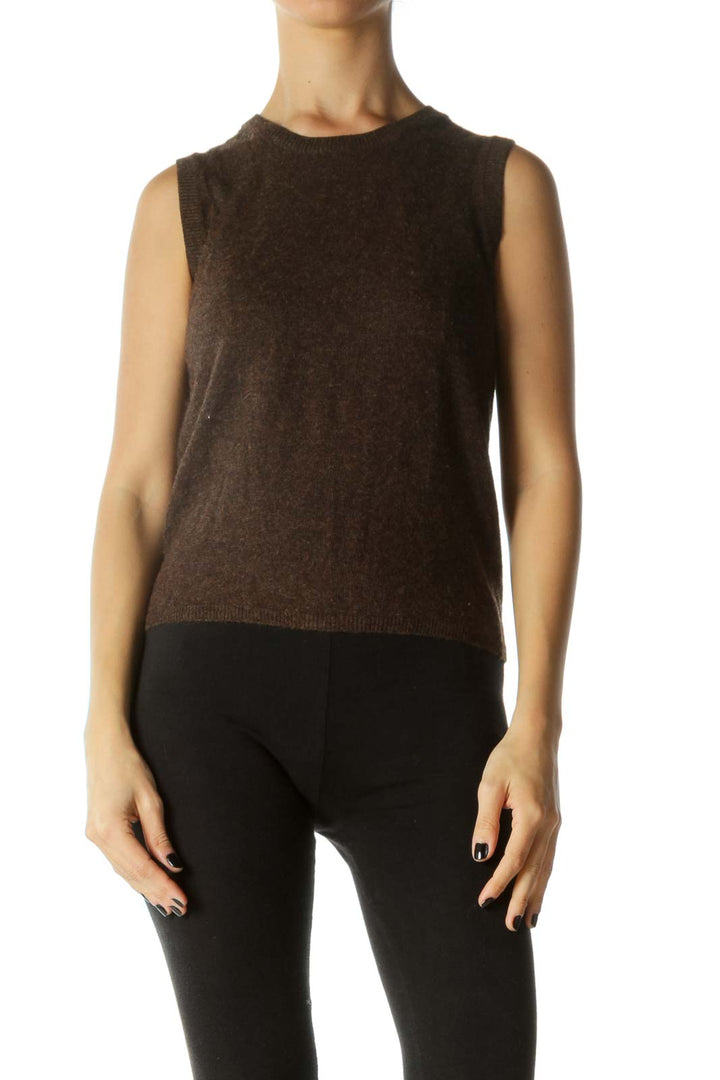 Brown Round Neck Sleeveless Knit Top