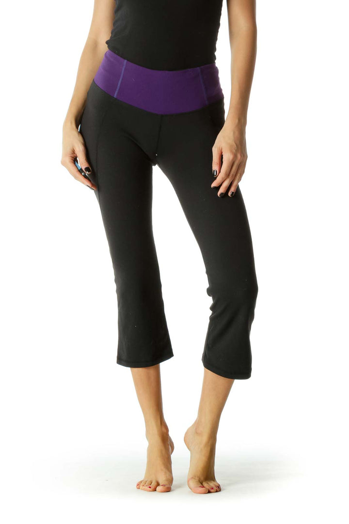 Black & Purple Elastic Band Slitted Yoga Pants