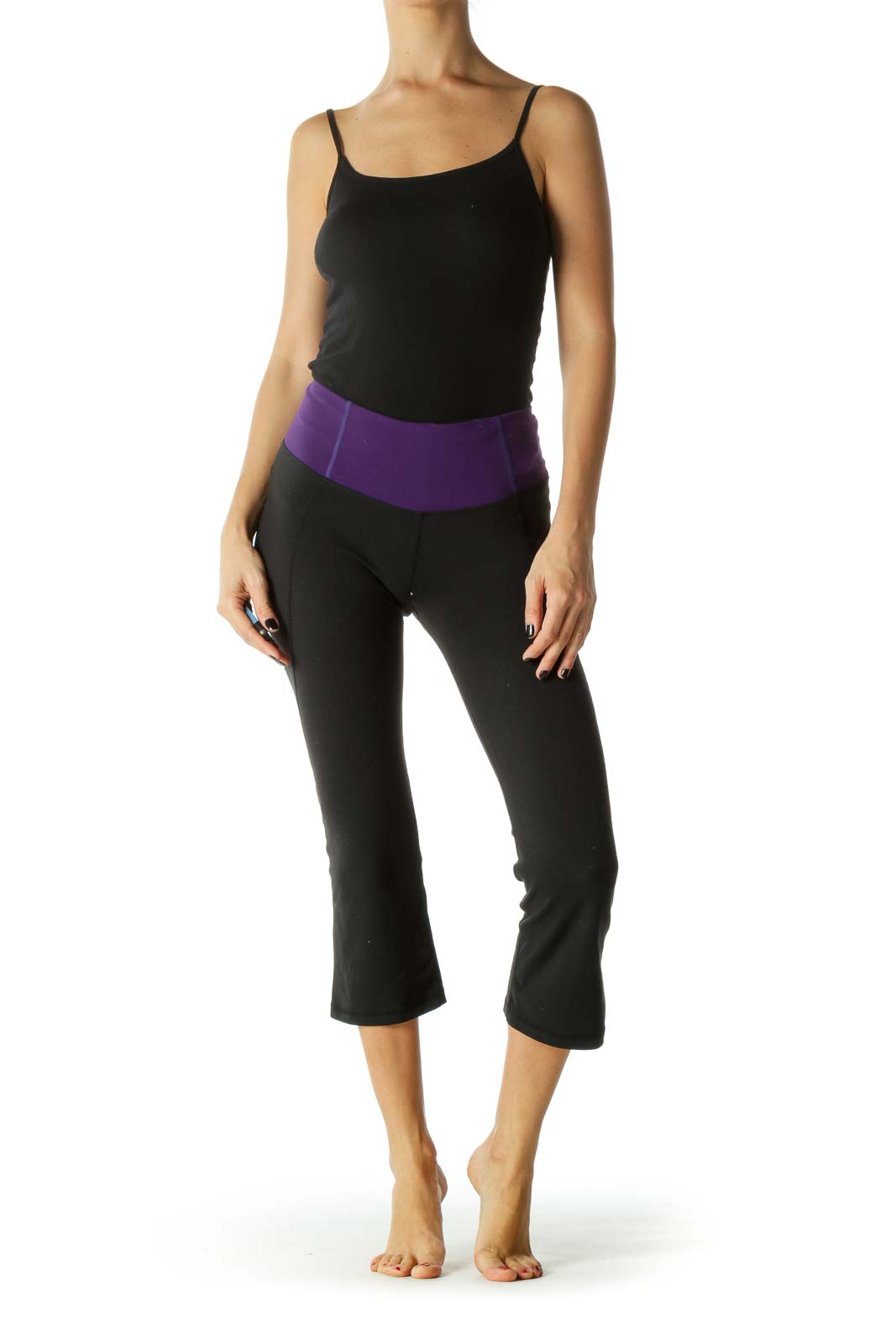 Black & Purple Elastic Band Slitted Yoga Pants