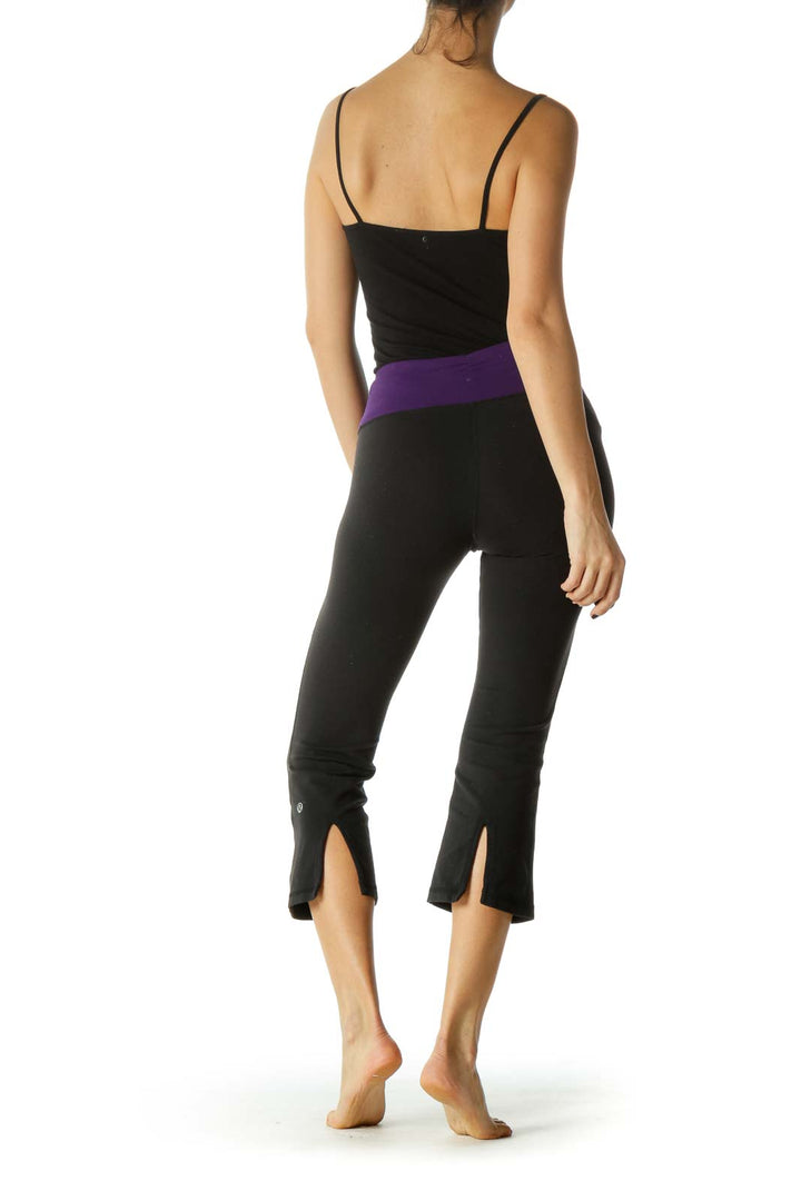 Black & Purple Elastic Band Slitted Yoga Pants