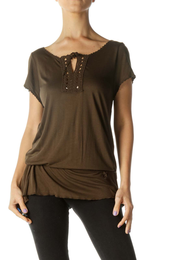 Brown Crochet Detail with String T-Shirt