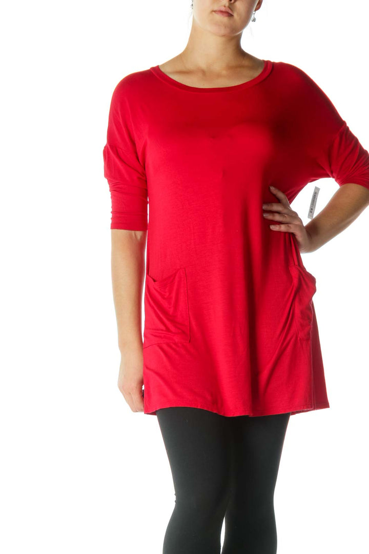 Red Boat Neck Pockets Detail 3/4 Sleeve Top