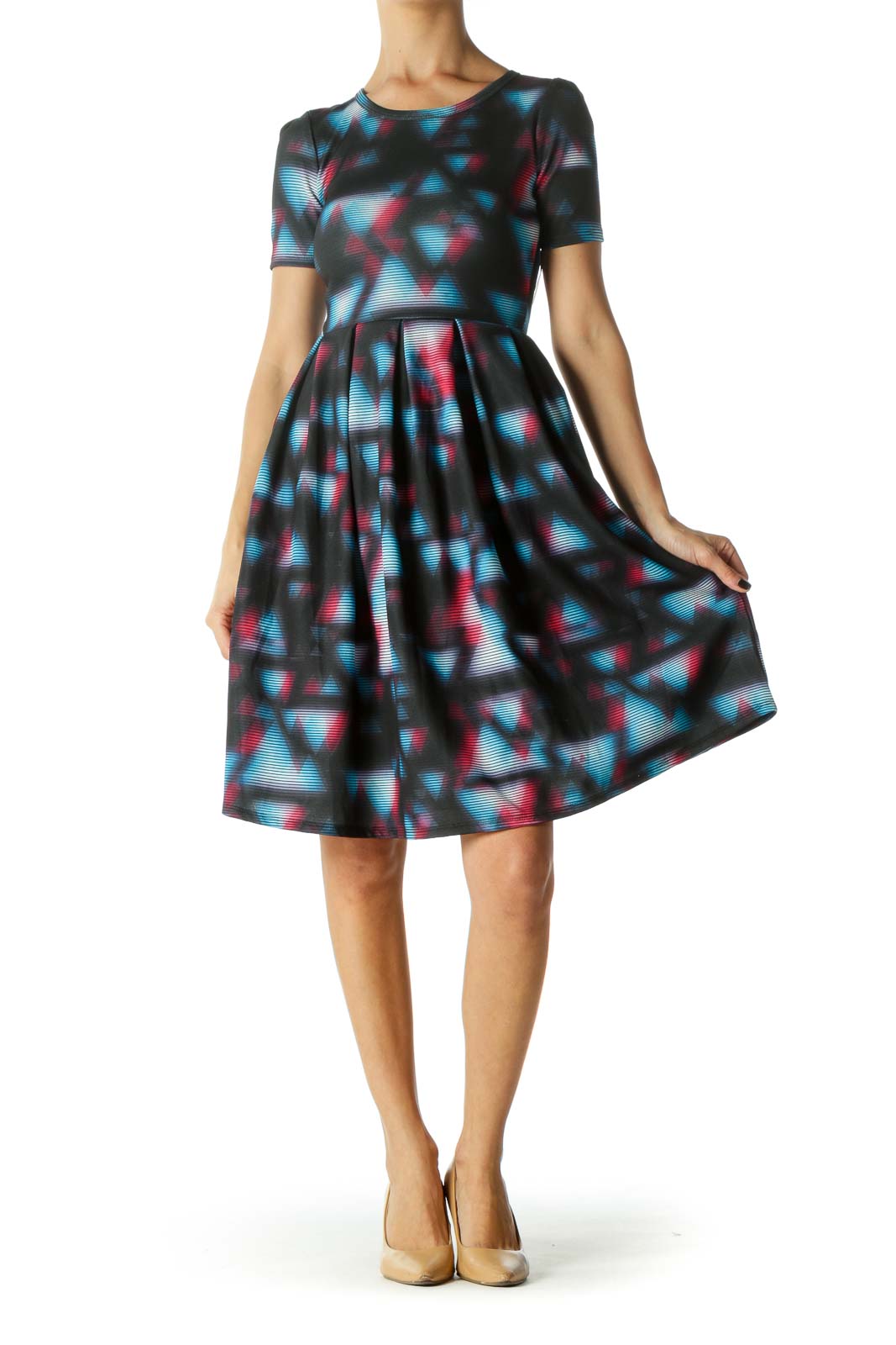 Black, Blue and Pink Geometric Print Round Neck, short Sleeve Day Dress