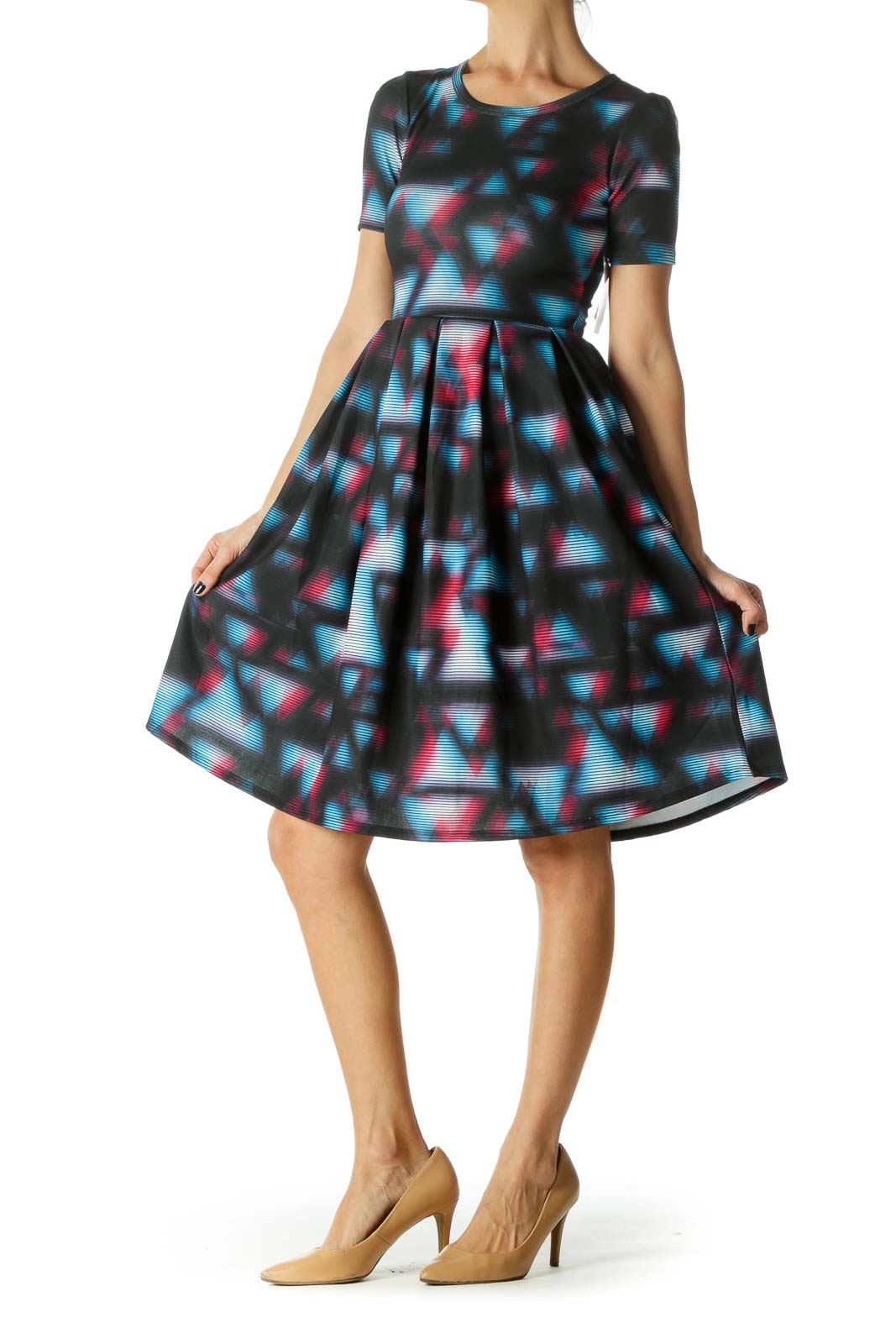 Black, Blue and Pink Geometric Print Round Neck, short Sleeve Day Dress