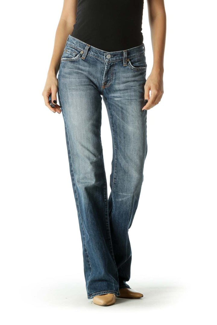 Blue Medium Wash Stone Wash Mid Rise Wide Leg Jean