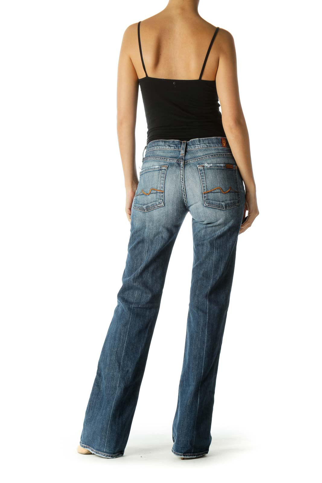 Blue Medium Wash Stone Wash Mid Rise Wide Leg Jean