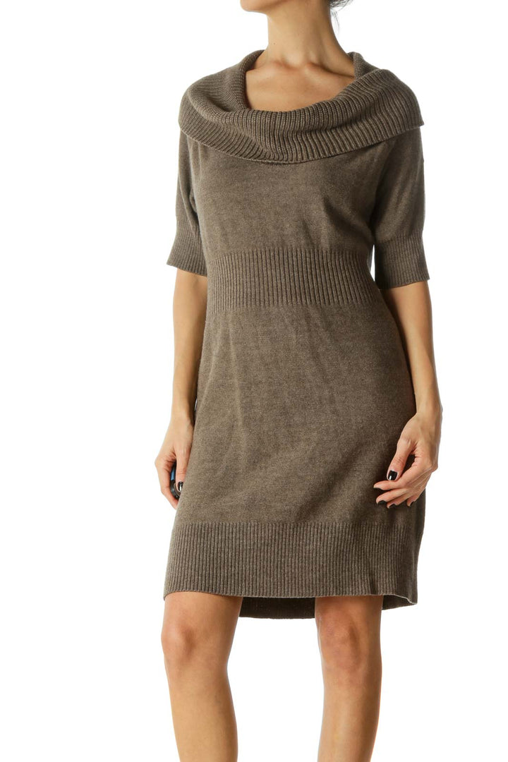 Brown Cowl Neck Clinched Waist Knit Dress