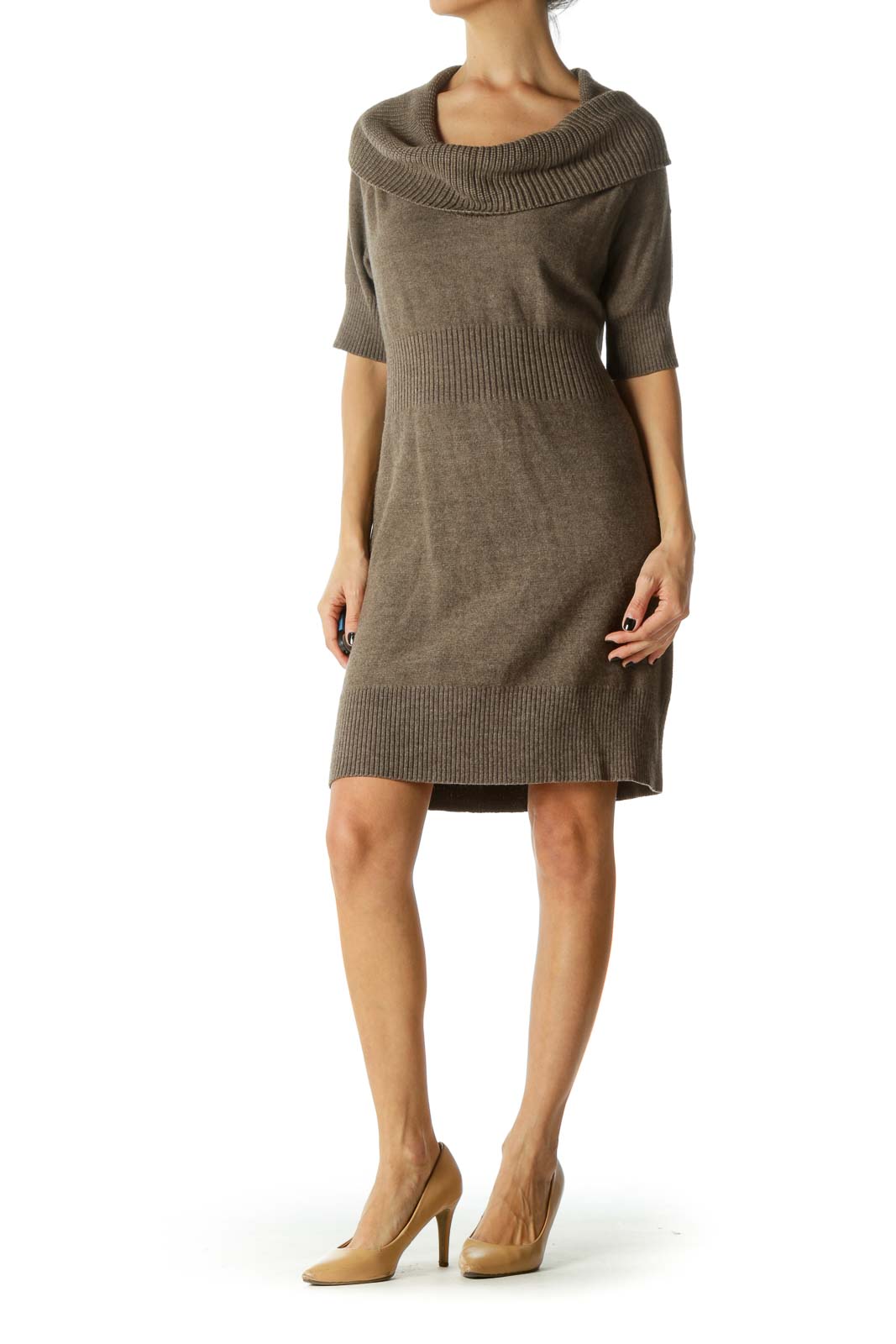 Brown Cowl Neck Clinched Waist Knit Dress