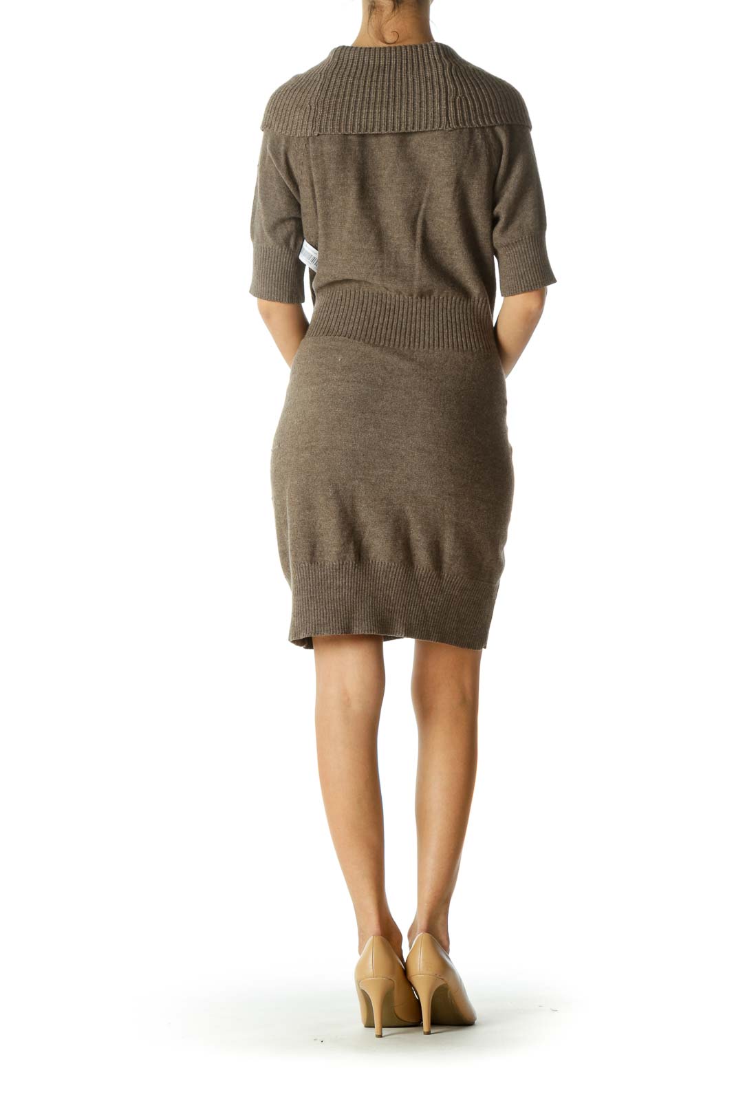 Brown Cowl Neck Clinched Waist Knit Dress