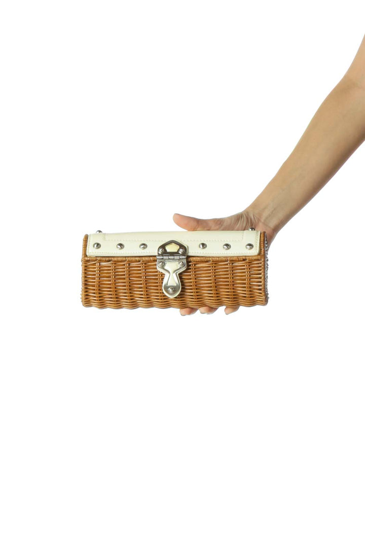 Brown and Beige Wicker Silver Hardware Clutch