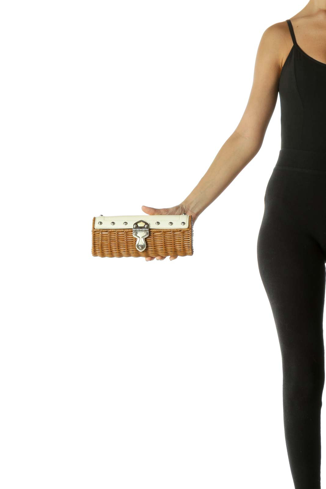 Brown and Beige Wicker Silver Hardware Clutch