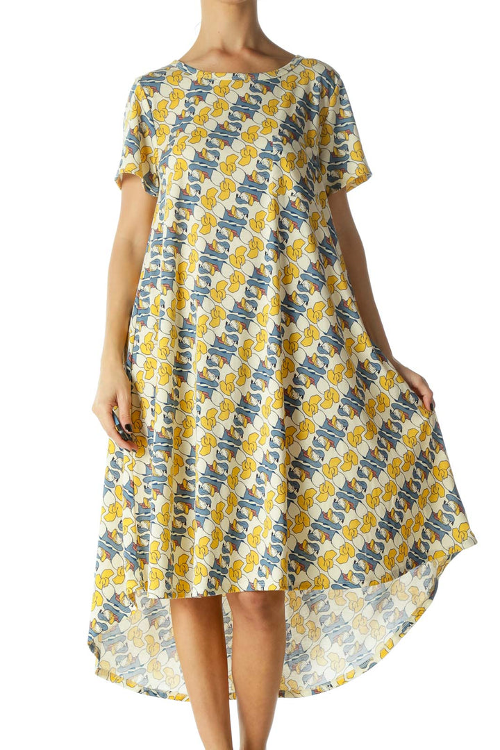 Yellow and Blue Donald Duck Print Short Sleeve Shirt Dress