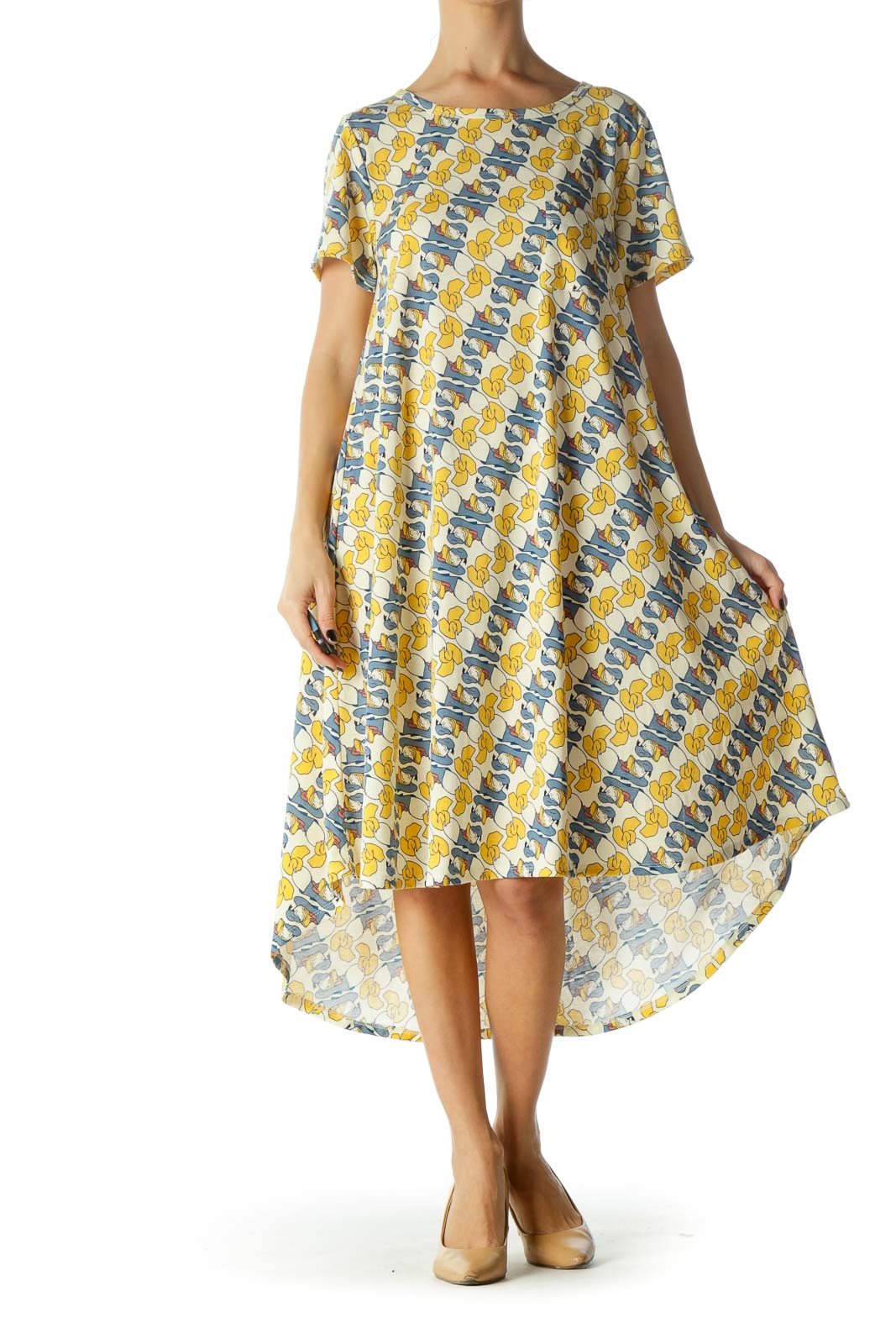 Yellow and Blue Donald Duck Print Short Sleeve Shirt Dress