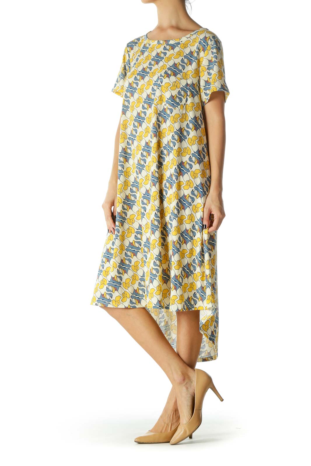 Yellow and Blue Donald Duck Print Short Sleeve Shirt Dress