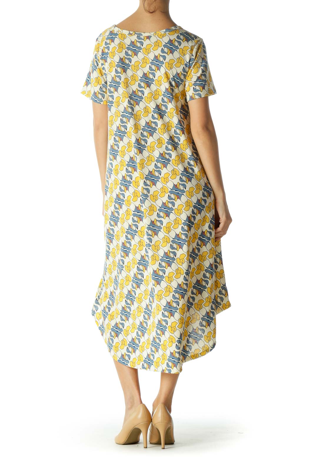 Yellow and Blue Donald Duck Print Short Sleeve Shirt Dress