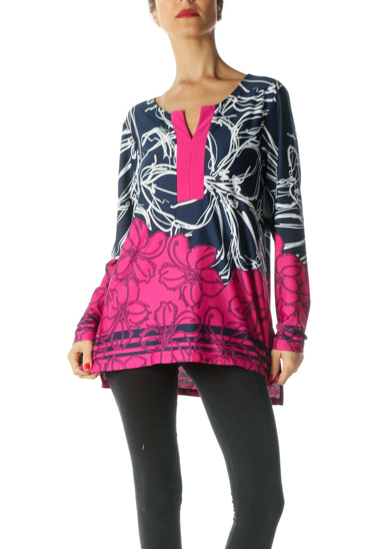 Blue Pink White Floral Print Tunic Top