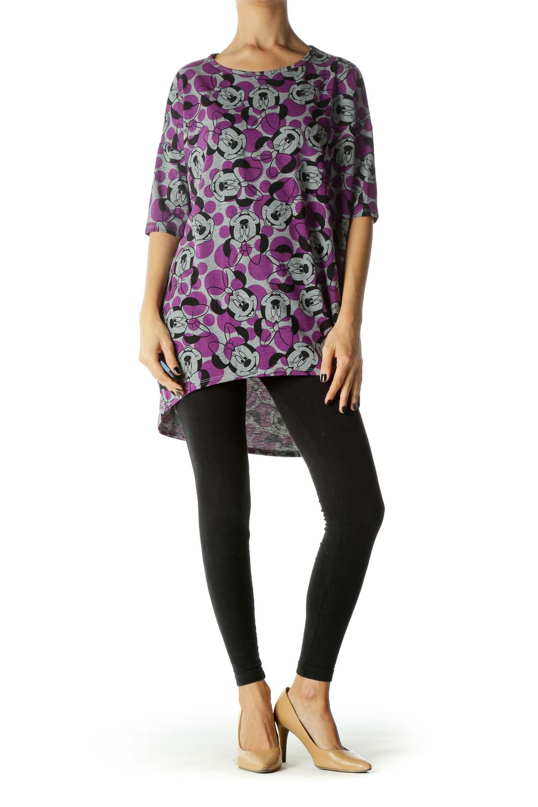 Gray, Purple, and Black Minnie Mouse Print High Low Shirt