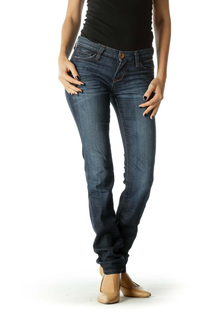 Dark Wash Whiskered Mid Rise Denim Straight Leg Jeans