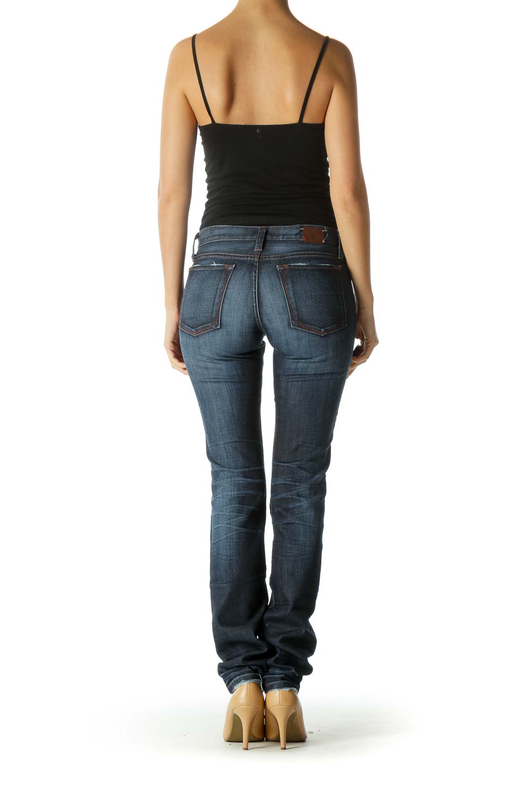 Dark Wash Whiskered Mid Rise Denim Straight Leg Jeans