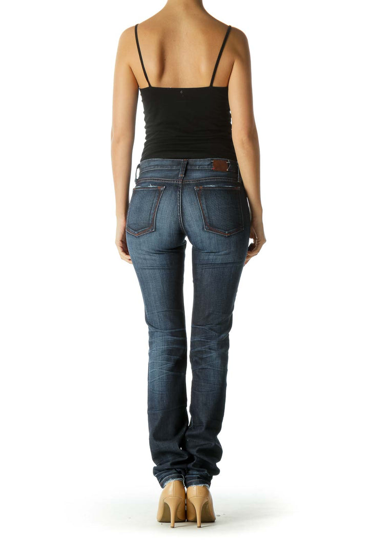 Dark Wash Whiskered Mid Rise Denim Straight Leg Jeans