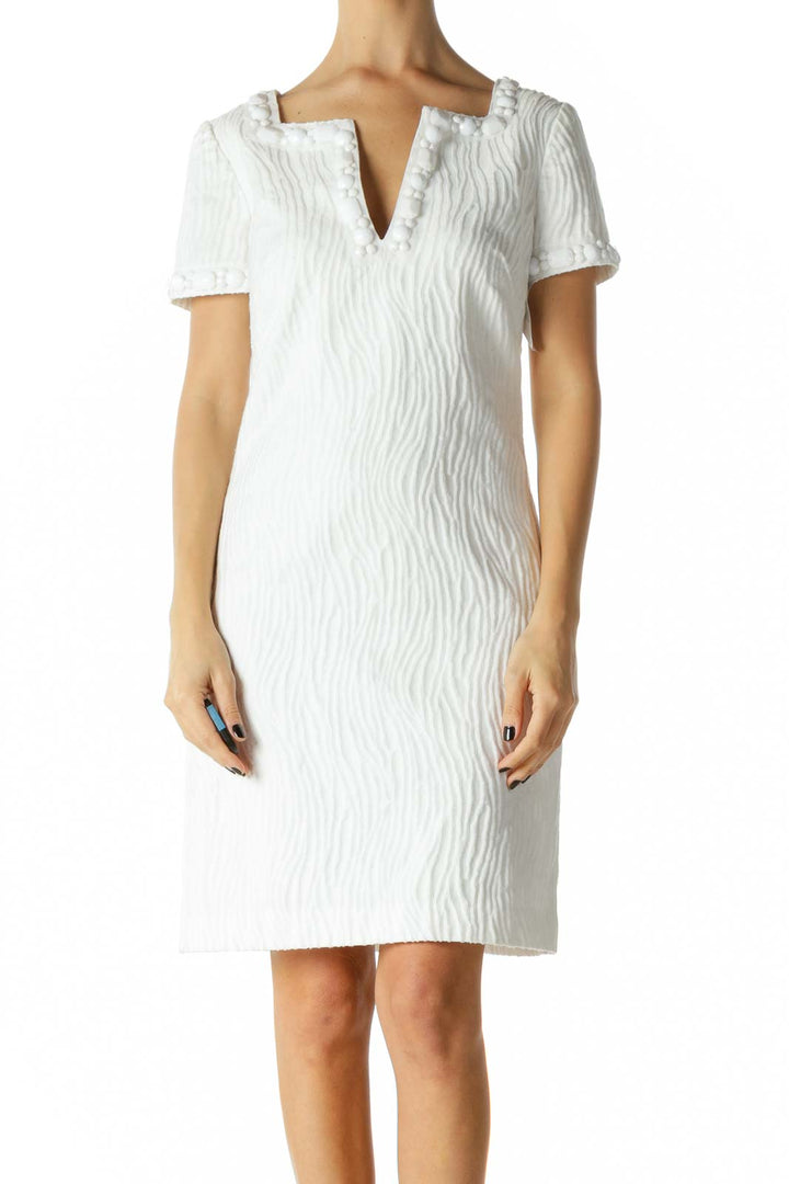 White Beaded Deep V-Neck Day Dress