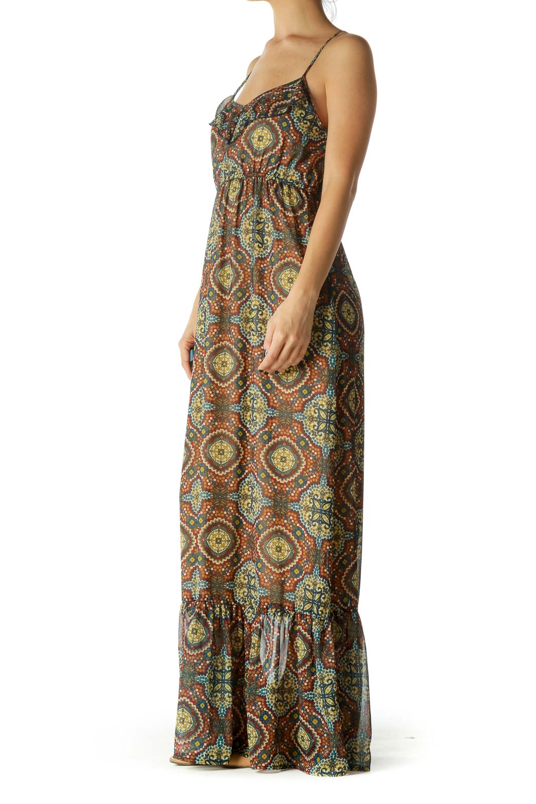 Multicolor Print Ruffled Maxi Dress