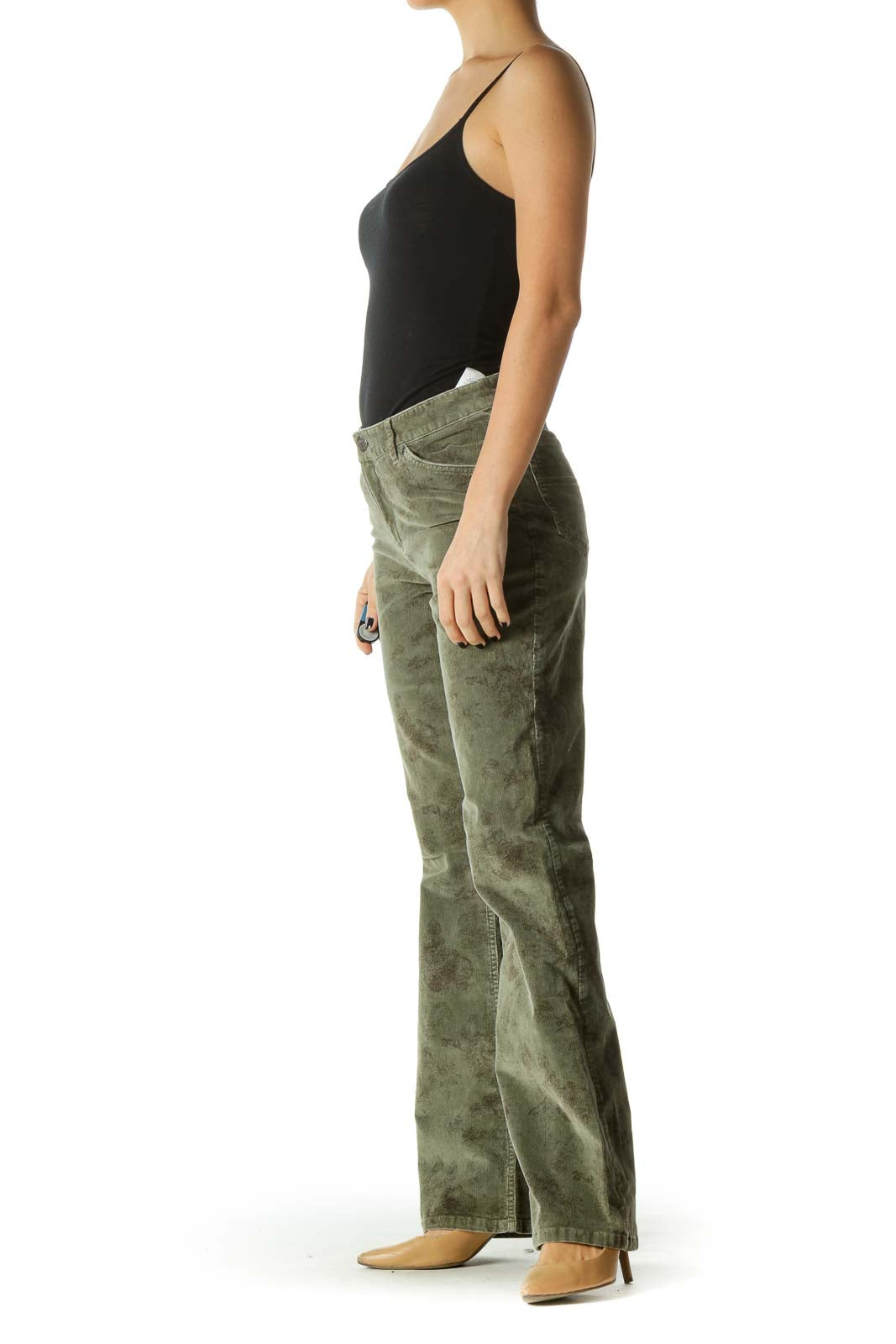 Green Corduroy Mid Rise Floral Print Wide Leg Pants