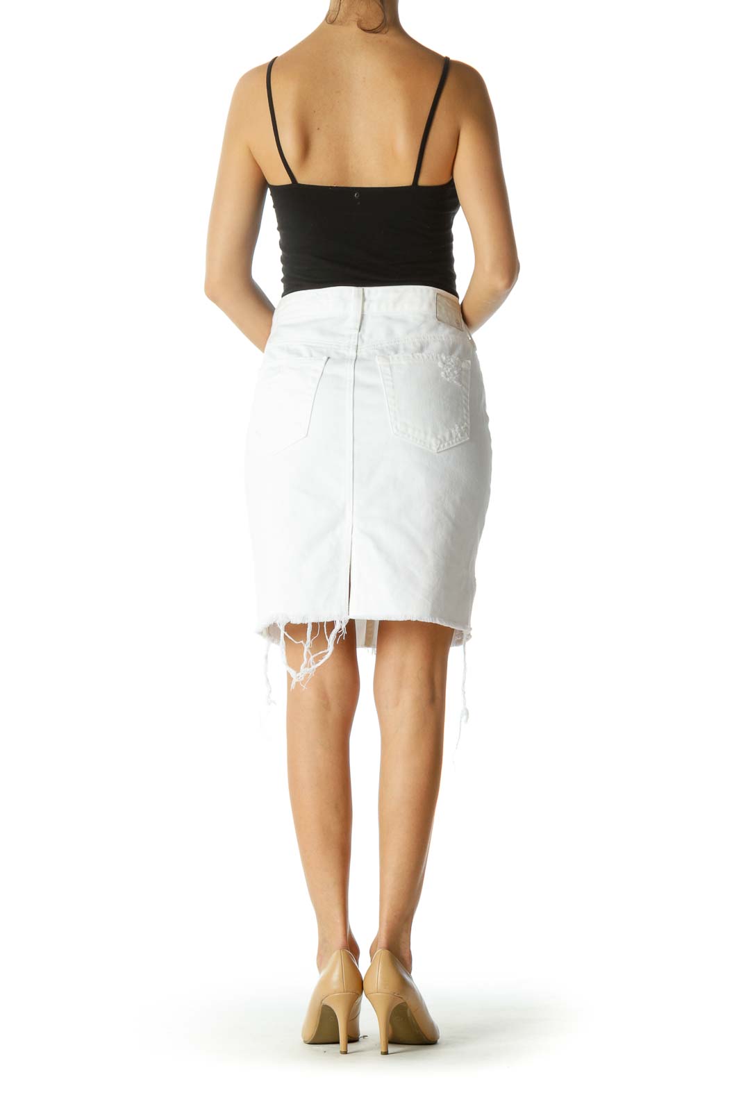 White Distressed Zipper Fly Pencil Denim Skirt