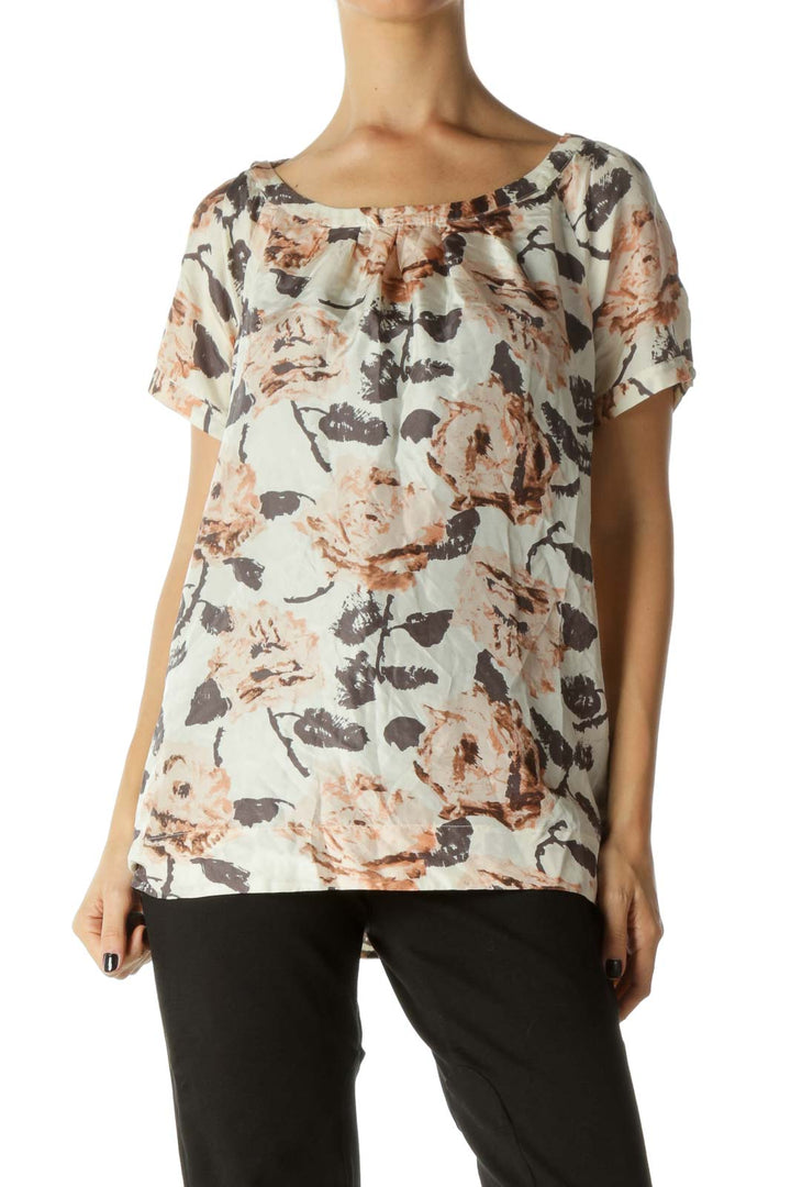 Beige, Brown and Pink Floral Print Round Neck Pleated Blouse