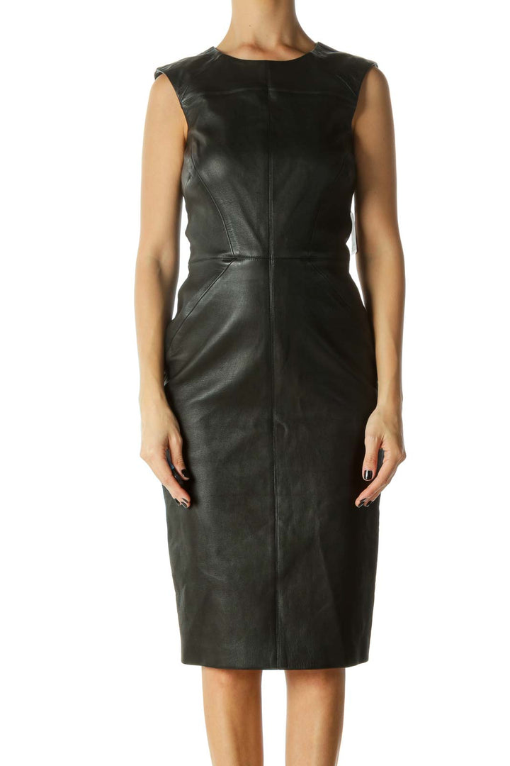 Black Leather Zippered Short Sleeve Work Dress