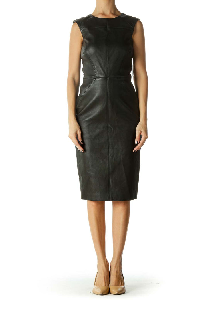 Black Leather Zippered Short Sleeve Work Dress