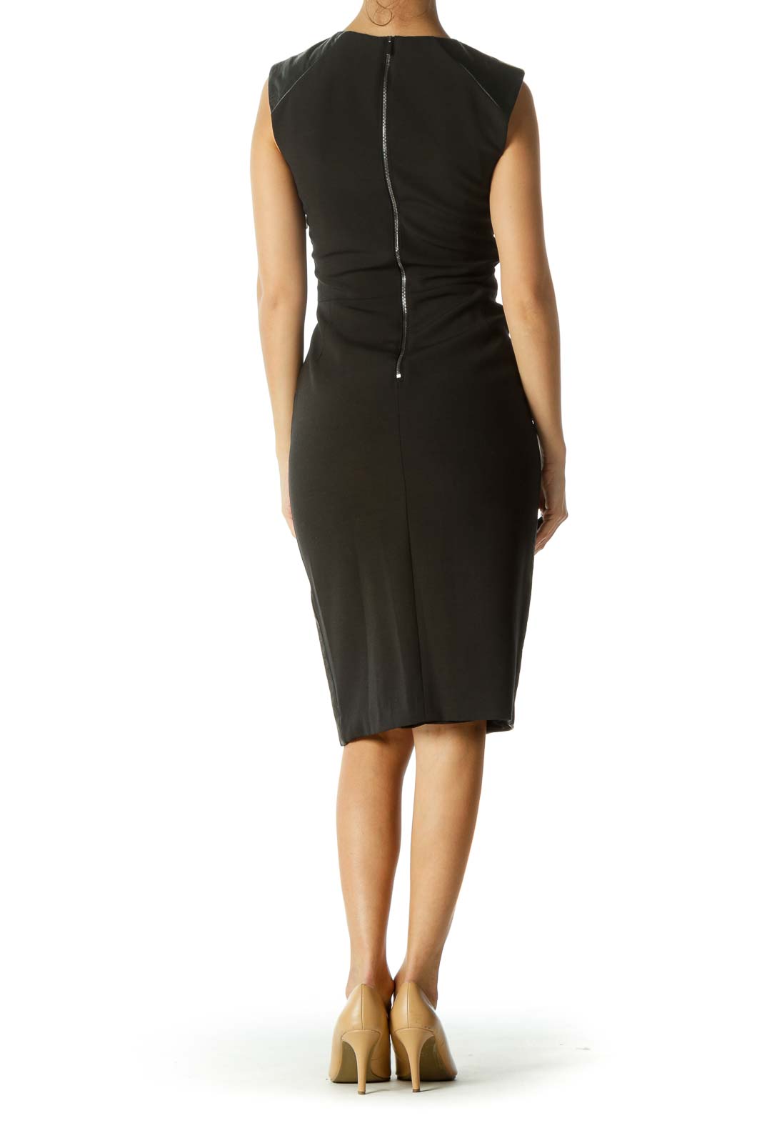 Black Leather Zippered Short Sleeve Work Dress