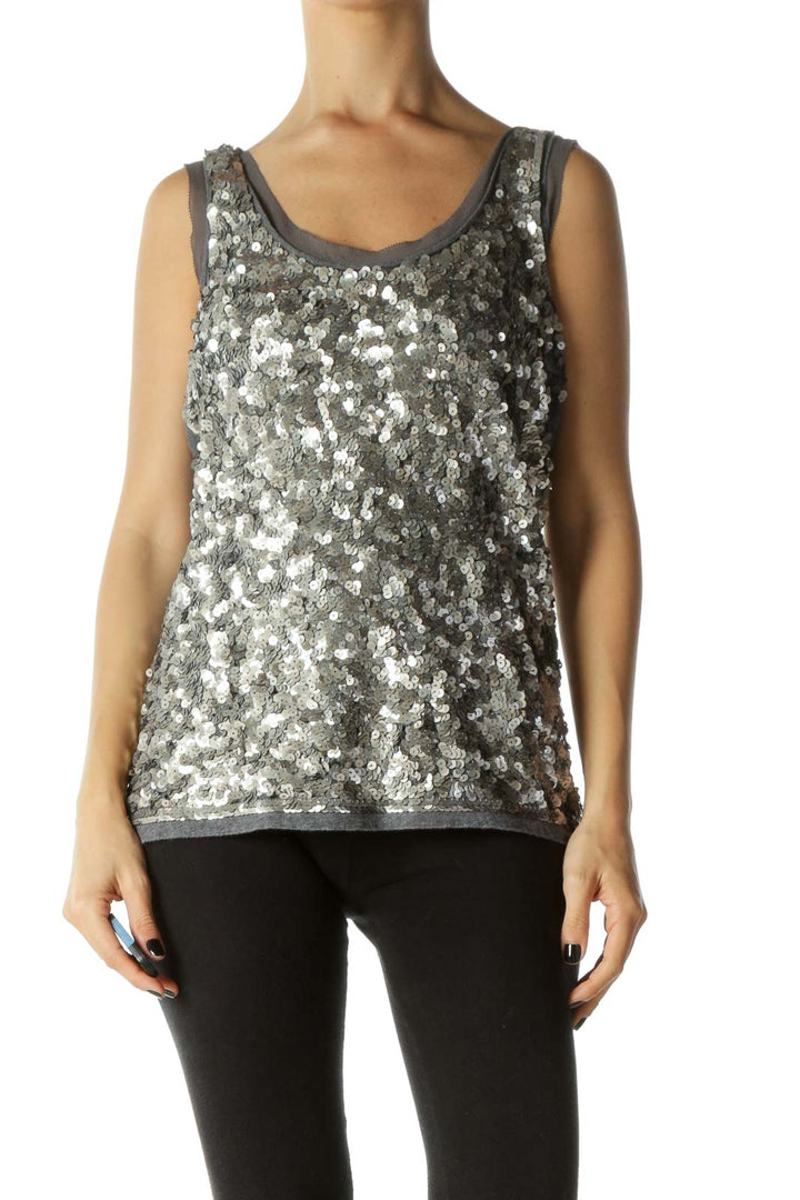 Gray Sequined Round Neck Tank Knit Top