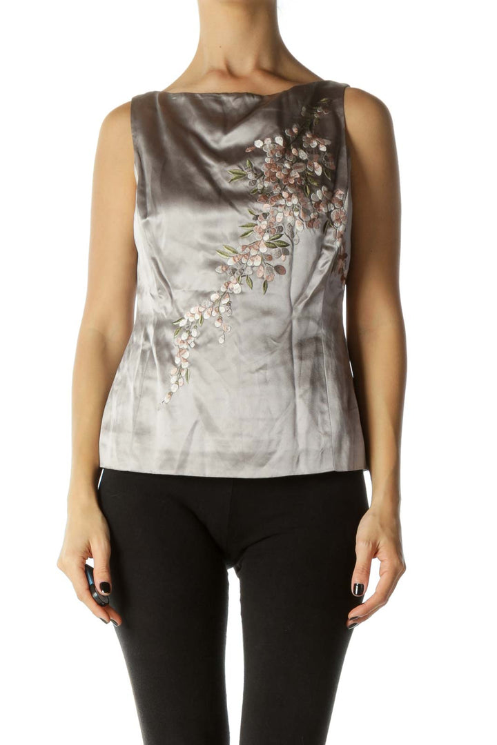 Beige and Pink Floral Embroidered Square Neck Tank Blouse